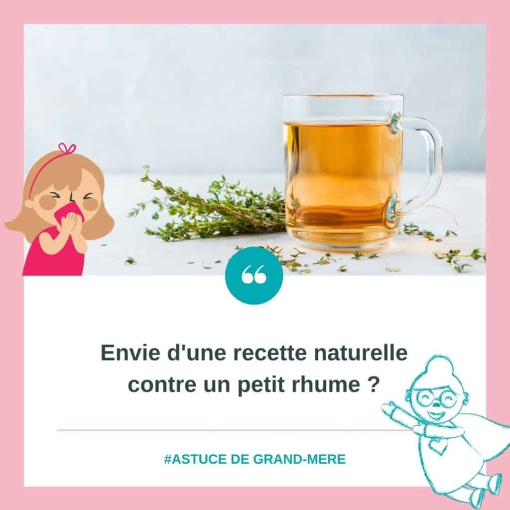 La solution contre le rhume de Mamizette ! Une bonne tisane de thym plusieurs fois de la journée, idéalement en dehors des repas. La recette ? Rien de plus simple. Portez à ébullition quelques branches de thym dans de l'eau de source puis laissez infuser 10 à 15 minutes. Ok, je peux l'avouer... On ne peut pas dire que le goût soit formidable... Mais au moins c'est efficace et naturel.